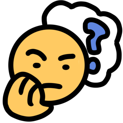 a yellow face with a skeptical expression and a hand on their chin. behind them is a thought bubble with a blue question mark in it.